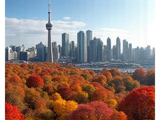 Autumnal Toronto cityscape with vibrant red and orange trees, from CN Tower.