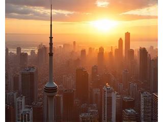 Golden hour light casting long shadows on Toronto skyline in fall, captured from CN Tower.