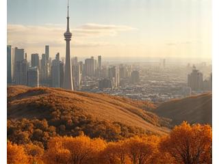 Distant golden fields and rich tones of fall landscape from CN Tower outer view.