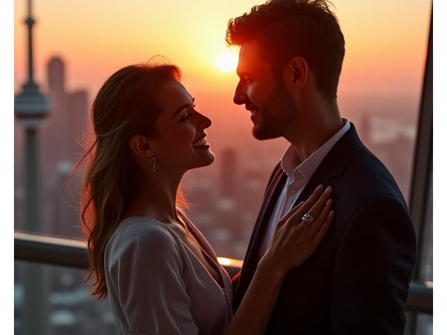 Couple on CN Tower observation deck during sunset, embracing with the Toronto skyline in the background, showing an engagement ring.