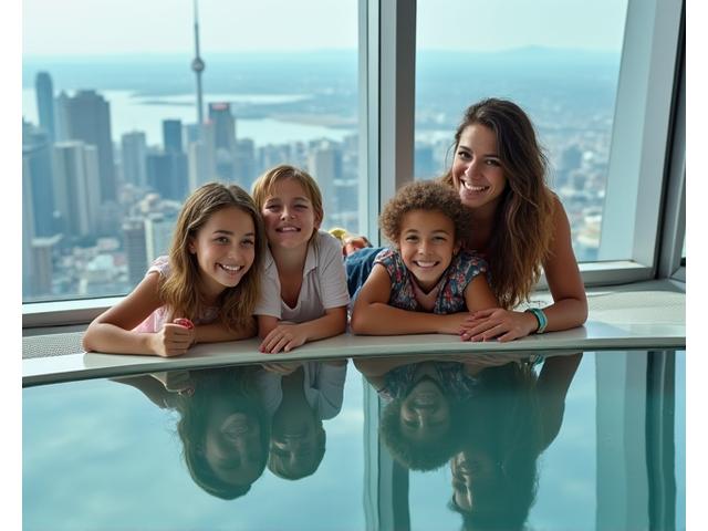 Family with young children smiling on the glass floor of CN Tower, looking down at the city below.