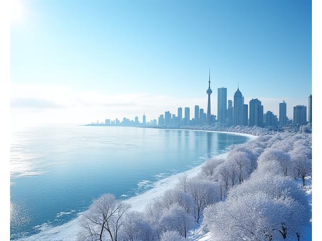 Snow-covered Toronto skyline seen from CN Tower observation deck in winter, with frozen Lake Ontario.
