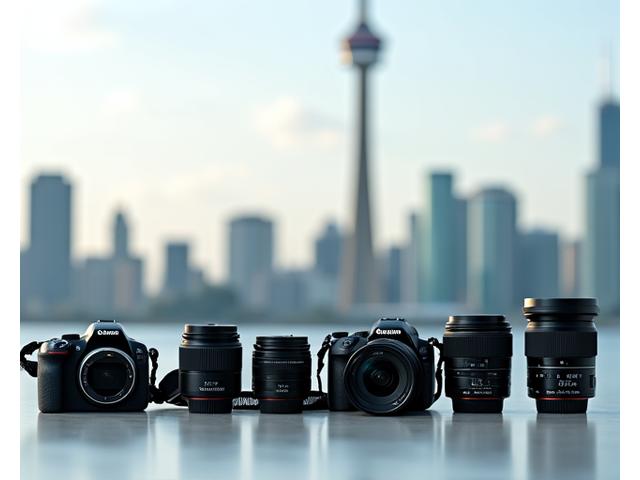 Assortment of camera gear including a DSLR, mirrorless camera, and various lenses, with a blurred CN Tower in the background.