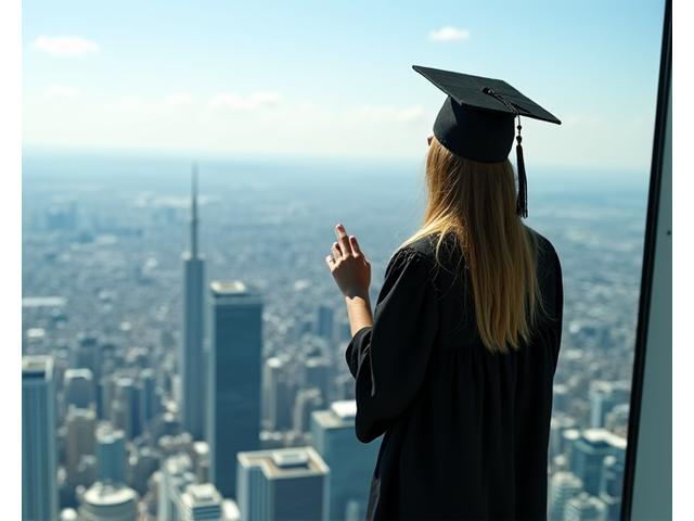 Recent graduate in cap and gown posing proudly on CN Tower observation deck.