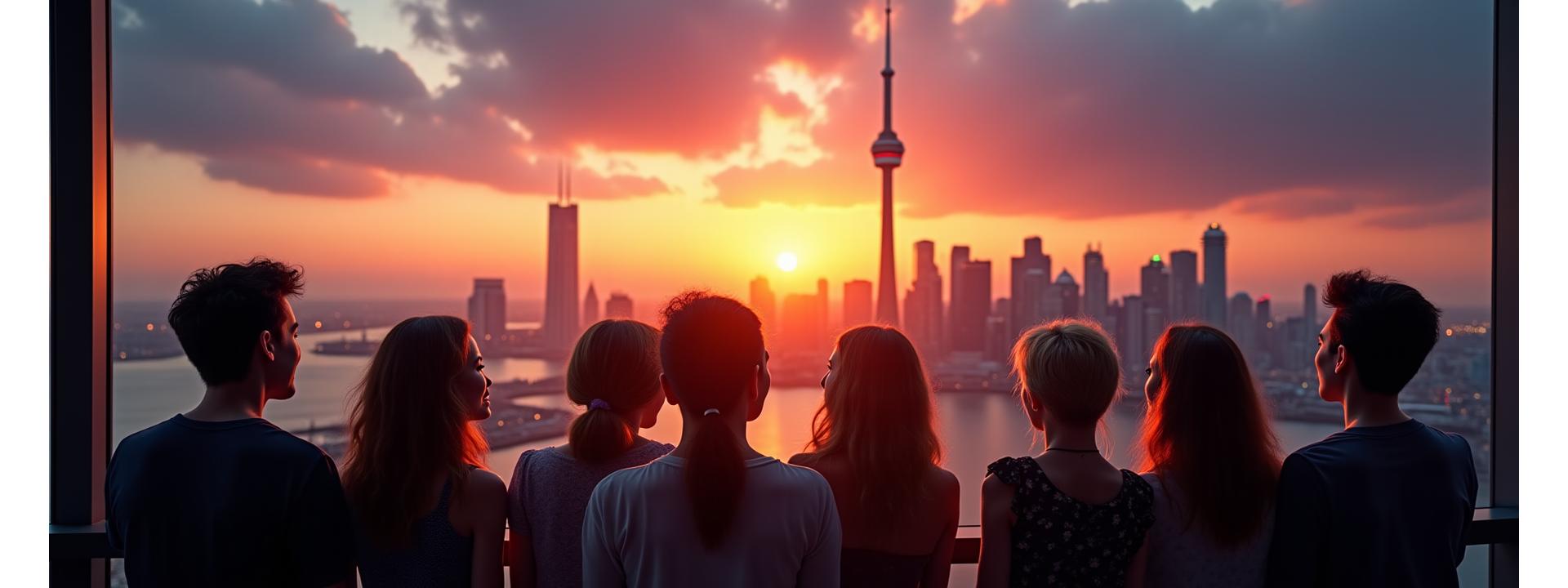 Panoramic view of Toronto skyline from CN Tower during sunset, with vibrant city lights and Lake Ontario. A diverse group of people are seen in silhouette, admiring the view.