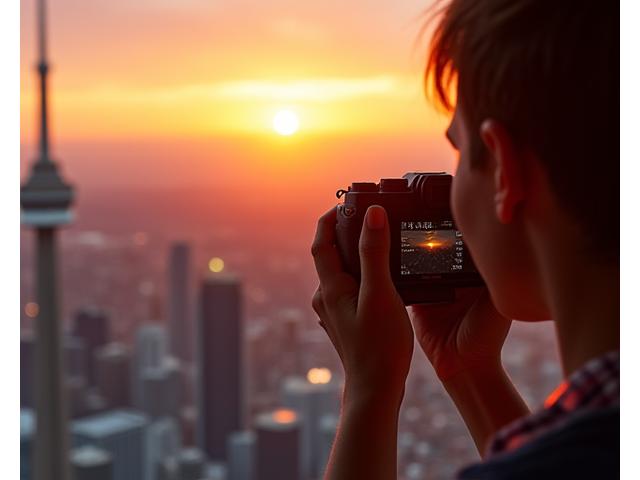 Person holding a camera, capturing a vibrant sunset from the CN Tower observation deck.