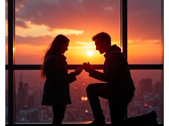 Romantic proposal photo on the CN Tower EdgeWalk, with a couple silhouetted against the sunset.