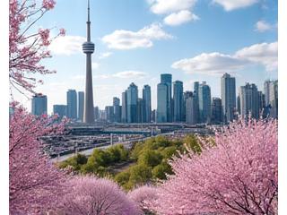 Toronto skyline with cherry blossoms in foreground from CN Tower in spring.