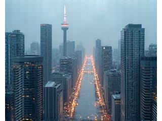 Rainy Toronto cityscape with reflections, seen from CN Tower in spring.