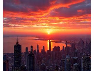 Fiery summer sunset over Toronto skyline and Lake Ontario from CN Tower, with vivid colors.