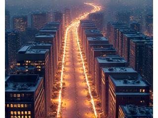 Festive Toronto street decorations and holiday lights seen from CN Tower in winter.