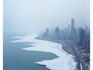 Frozen Lake Ontario and icy cityscape viewed from CN Tower in deep winter.