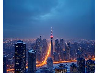 Twilight view of Toronto in winter, city lights twinkling against blue dusk from CN Tower.