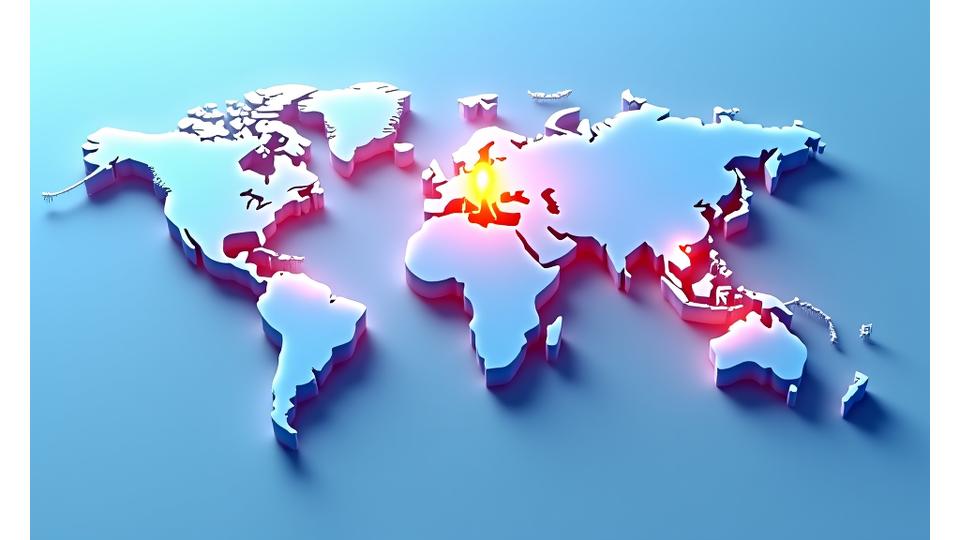 Stylized interactive world map with pins on various countries, indicating visitor origins to the CN Tower. Glowing lines connect pins to Toronto, Canada.
