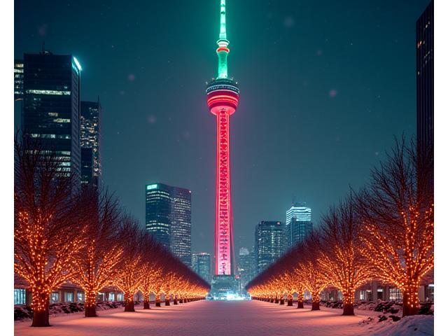 The CN Tower's exterior illuminated with festive red and green Christmas lights, with sparkling snow on the ground and holiday decorations visible around the base.