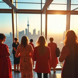 A diverse group of visitors participating in a cultural heritage celebration event at the CN Tower, with traditional decorations and cultural performances against the urban backdrop.