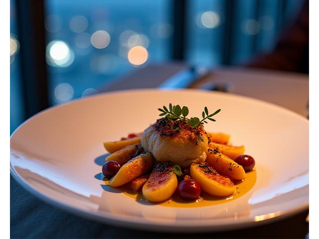 A gourmet Toronto-inspired seasonal dish presented elegantly in the 360 Restaurant with panoramic city views in the background.