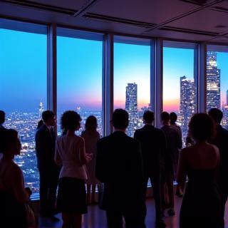 A group of people dressed elegantly, attending an exclusive film screening event at the CN Tower, with projection lights visible and Toronto's evening skyline in the background.