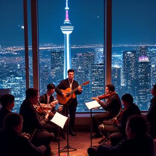 A live musical performance taking place on one of the CN Tower's viewing levels, with musicians playing instruments and a small audience enjoying the high-altitude concert.