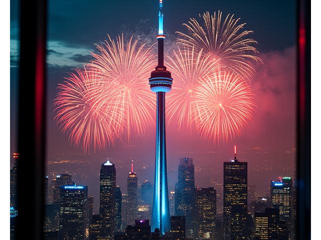 Spectacular New Year's Eve fireworks exploding over the Toronto skyline, viewed from the CN Tower's observation deck, with shimmering light displays in the foreground.