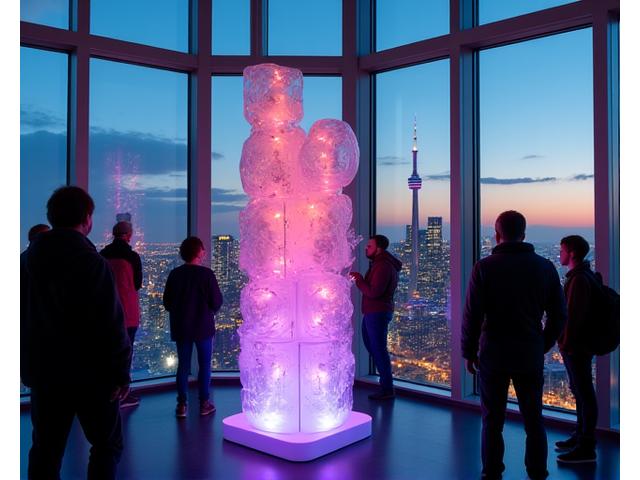 A vibrant pop-up art installation inside the CN Tower, showcasing unique contemporary pieces against the city skyline backdrop.
