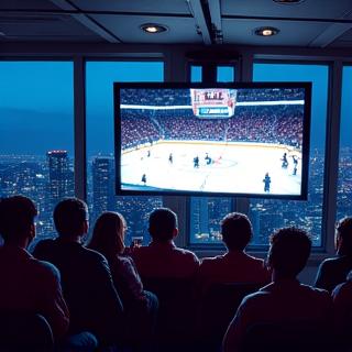 People watching a major sporting event on a large screen at the CN Tower, with the lights of the city and sports arena visible below, creating an exciting atmosphere.