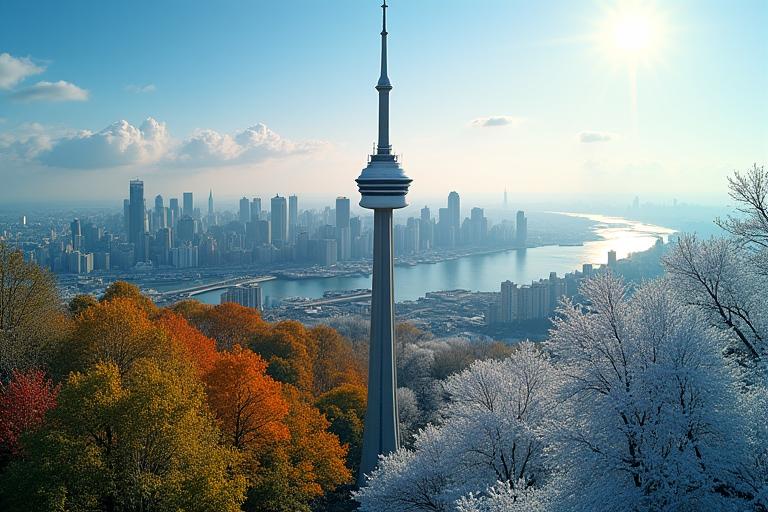 A captivating time-lapse photography sequence showing Toronto's skyline and surrounding landscape changing from lush green spring to vibrant autumn colors, then to a snow-covered winter wonderland, all viewed from the CN Tower's perspective.