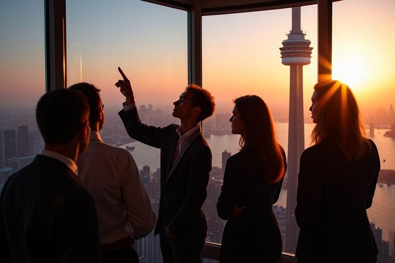 A VIP group enjoying a special, uncrowded tour of the CN Tower's observation deck, with a host explaining unique features and offering exclusive insights, highlighting luxury and privacy.