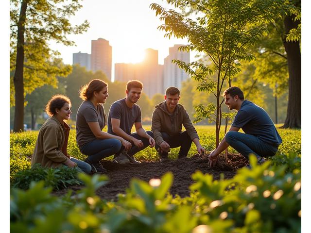 Volunteers planting trees in a vibrant urban park, illustrating community engagement in environmental initiatives.
