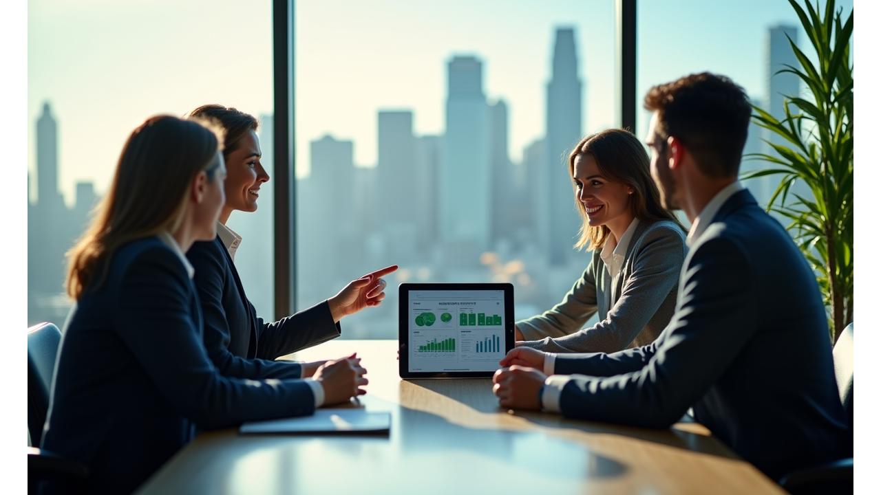 Professional meeting in a modern, sustainable office space with Toronto skyline in the background, symbolizing corporate collaborations for sustainability.