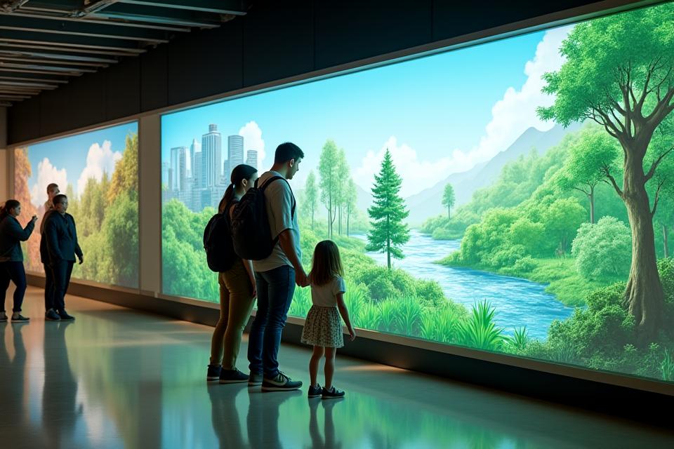 Children and adults interacting with a vibrant, educational exhibit on climate change and urban biodiversity within the CN Tower.