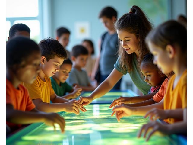 Diverse group of school children engaged in an environmental workshop, learning about conservation with interactive displays.