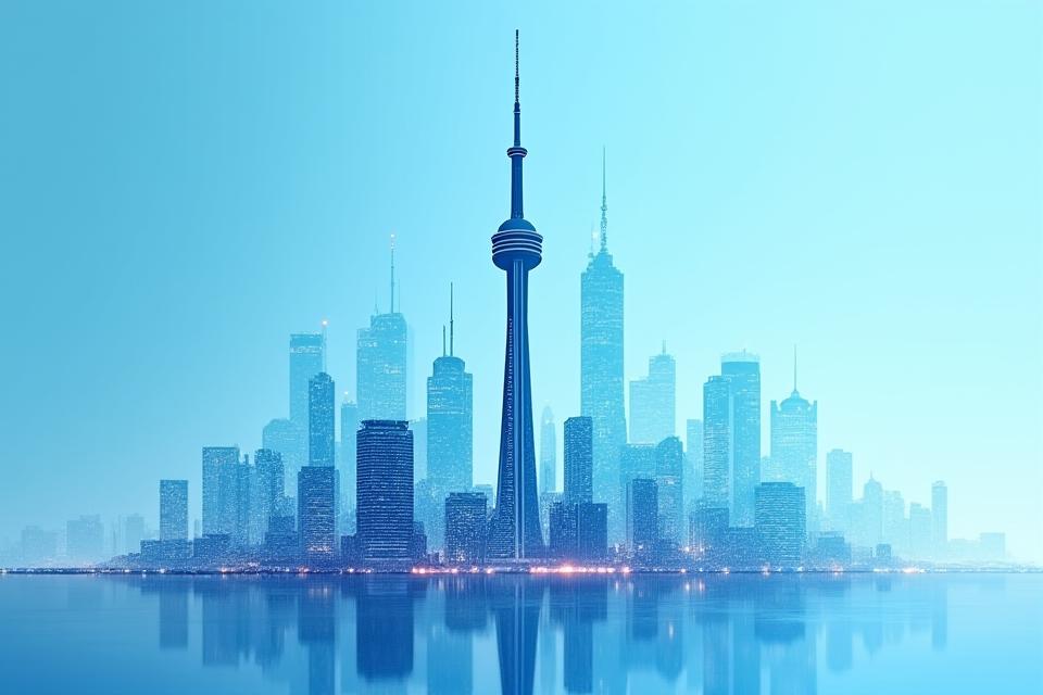 Futuristic digital render of smart building systems overlayed on the CN Tower structure, highlighting energy efficiency and water conservation technologies.
