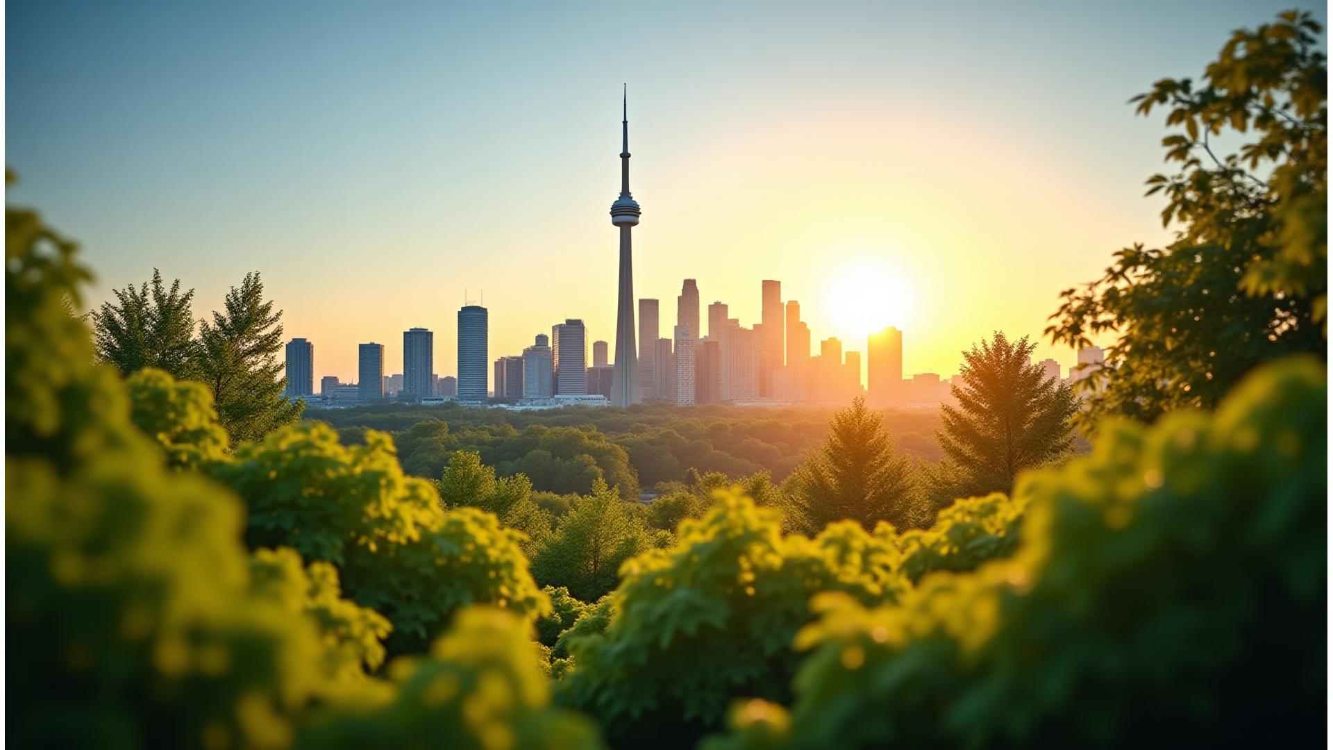 Panoramic view of the Toronto skyline from a high vantage point with a lush, green foreground, symbolizing environmental integration.