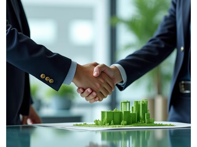 Handshake between two people, symbolizing a business partnership, with a blurred backdrop of sustainable urban development, representing local collaboration.