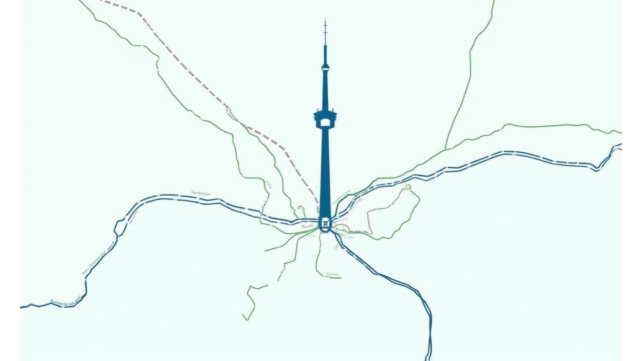 Map highlighting public transit routes and bicycle paths leading to the CN Tower, showcasing green transportation options.