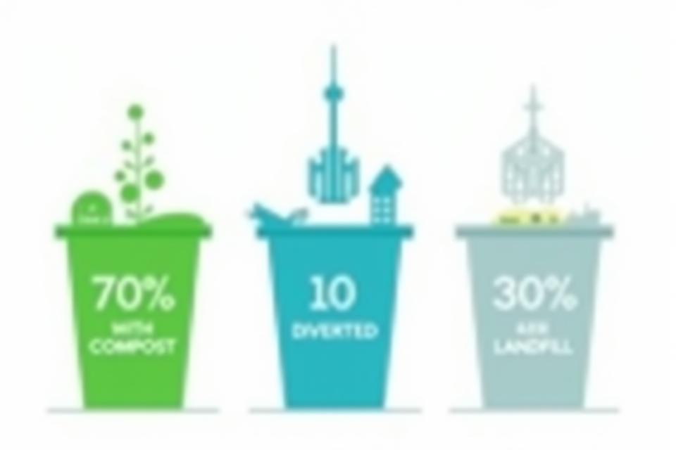 Infographic showing waste segregation bins for composting, recycling, and landfill with high diversion rates, symbolizing the CN Tower's effective waste management.