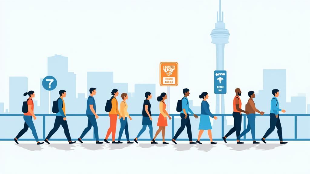 Illustration of diverse people following safety signs in a public space